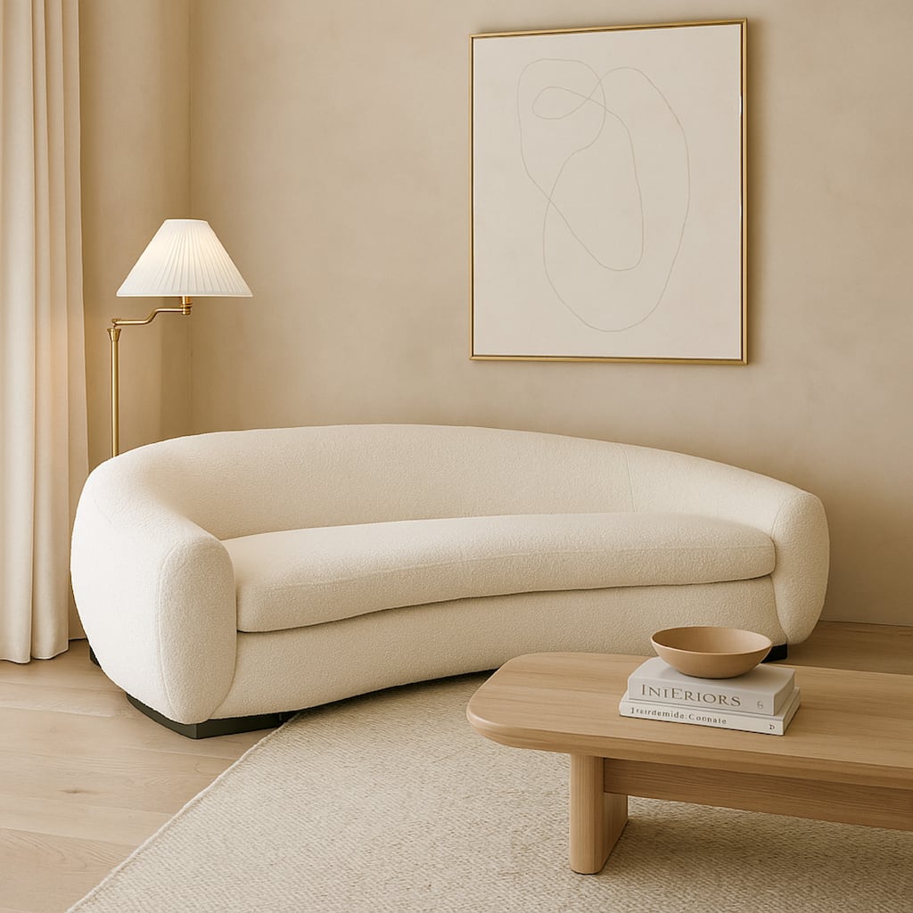 Pasy Sofa, 97 Inch Bone White Boucle Textured Fabric, Metal Legs