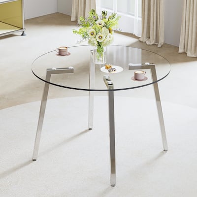 Roomfitters Round Glass Dining Table with Transparent Top and Silver Metal Legs for Kitchen Dining or Living Room