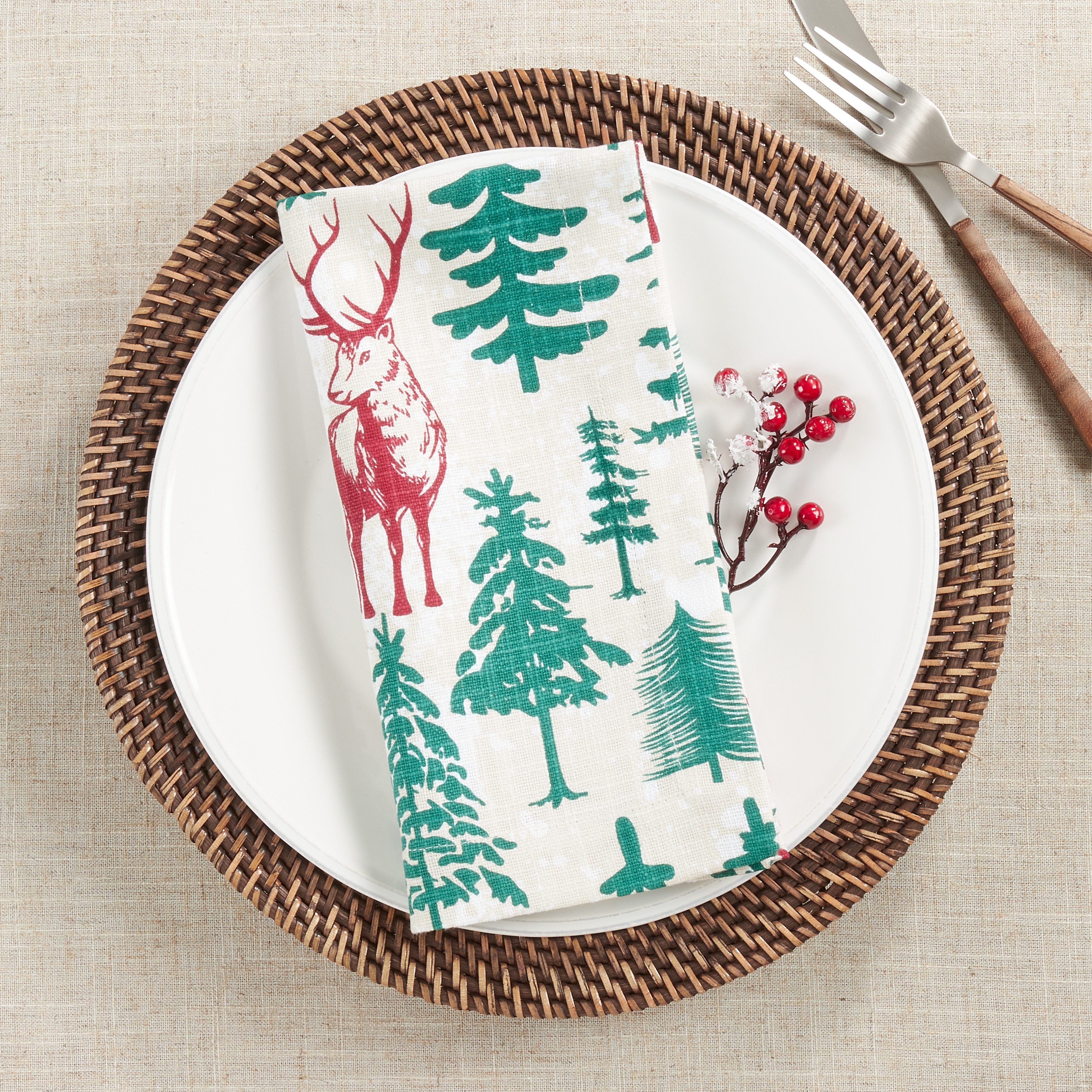 Deer and Trees Holiday Table Napkins (Set of 4)