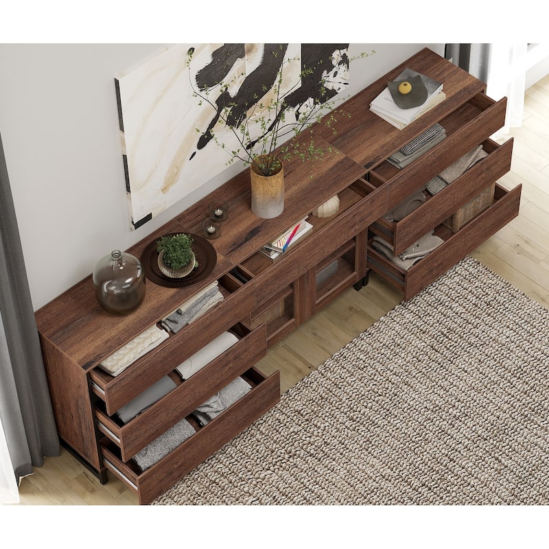 Modern TV Stand for Tvs Up to 100 Inch, 3 In 1 TV Console with Glass Doors and 7 Drawers for Living Room, Bedroom