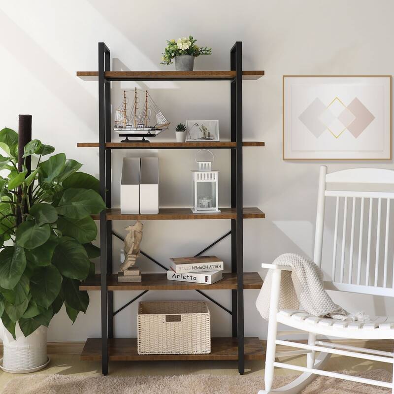 70 in. Industrial 5-Shelf Wood Bookshelf in Brown Finish with Open Back - Black/Brown