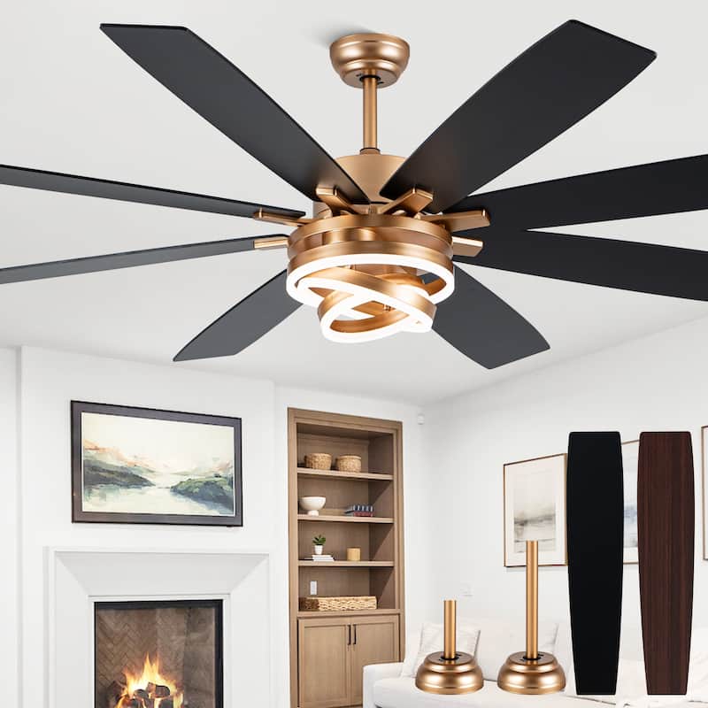 Cusp Barn 52"/72" Modern Large Dimmable LED Ceiling Fan with Lights and Remote, Reversible 8-Blade DC Motor DIY Shape Chandelier - 72-Inch - Gold