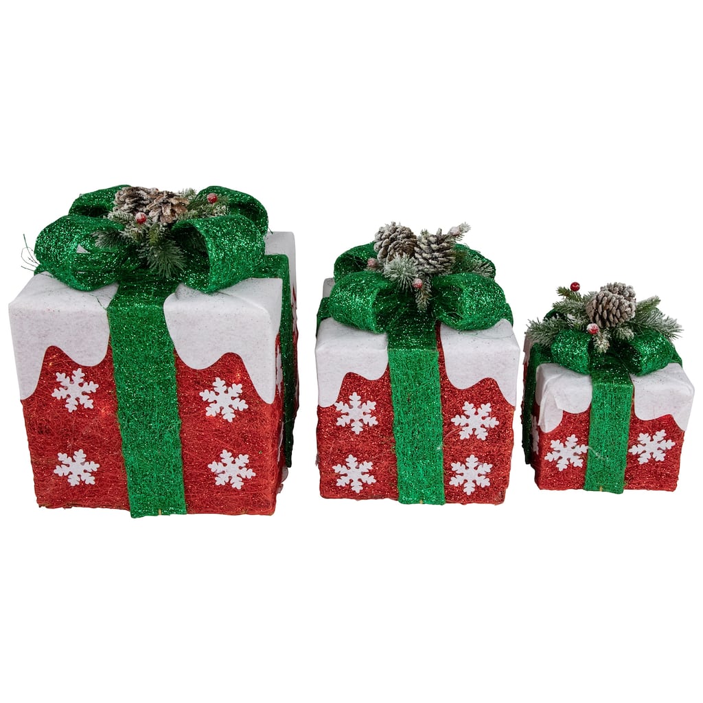 Set of 3 Lighted Red with White Snowflakes Gift Boxes Christmas Decorations - 12"