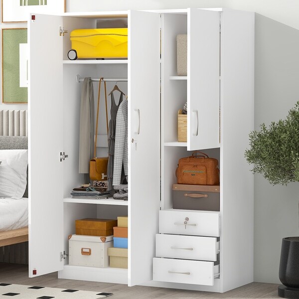 2-Doors Wooden Wardrobe Storage with Shelves and 3 Drawers