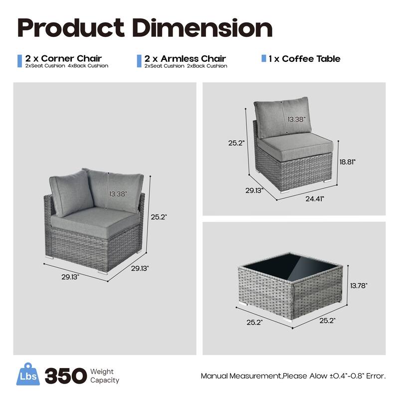 OVIOS 5-Piece Low-profile Deep Seat Wicker Outdoor Patio Furniture Set