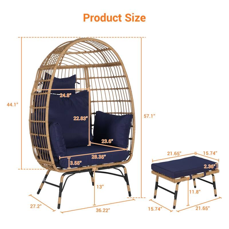 Wicker Egg Chair with Ottoman, Oversized Indoor Outdoor Lounger for Patio, Backyard, Living Room