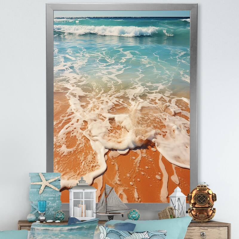 Designart "Tropical Beach Aerial View I" Coastal Beach Wall Decor White - Coastal Bedroom Framed Canvas Wall Art - 24 in. wide x 32 in. high - Silver