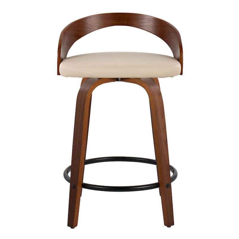 Carson Carrington Stavanger 24" Fixed-Height Counter Stool with Bent Wood Legs & Round Footrest (Set of 2) - Cream PU/Walnut Wood/Black Metal