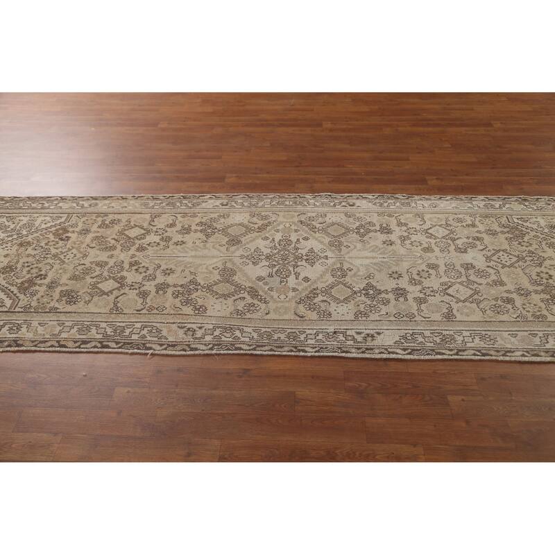 Hamedan Persian Vintage Runner Rug Handmade Geometric Wool Carpet - 3'3" x 9'9"