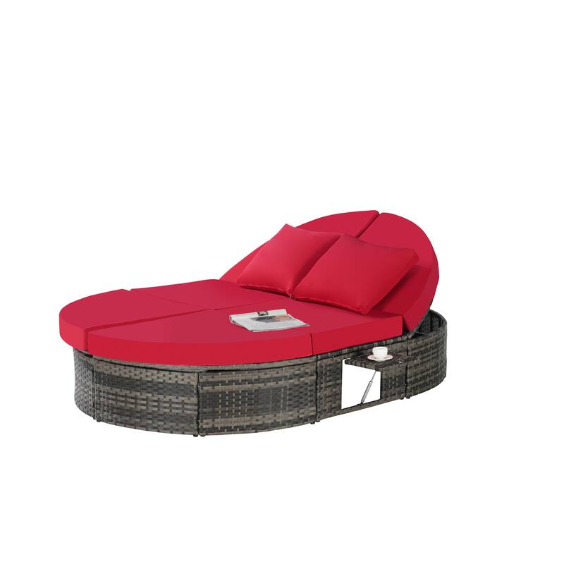 Outdoor Patio Rattan Round Daybed Sunbed with Adjustable Backrests and Foldable Cup Trays