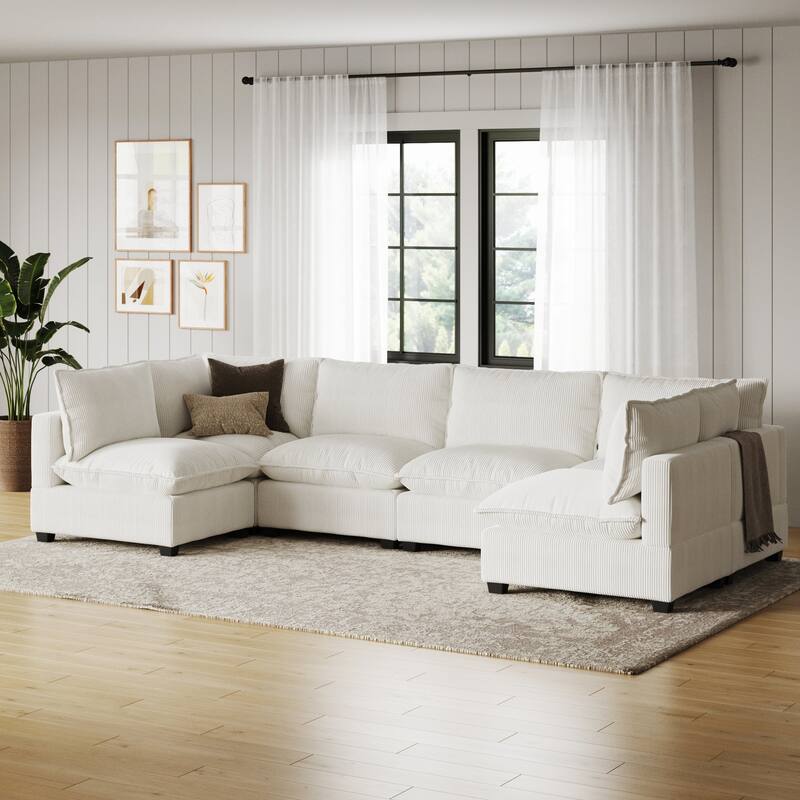 Chelsea Modern Cloud Modular Upholstered Sofa with Deep Seat and Plush Cushions - 6-Seater Sectional - Pearl White