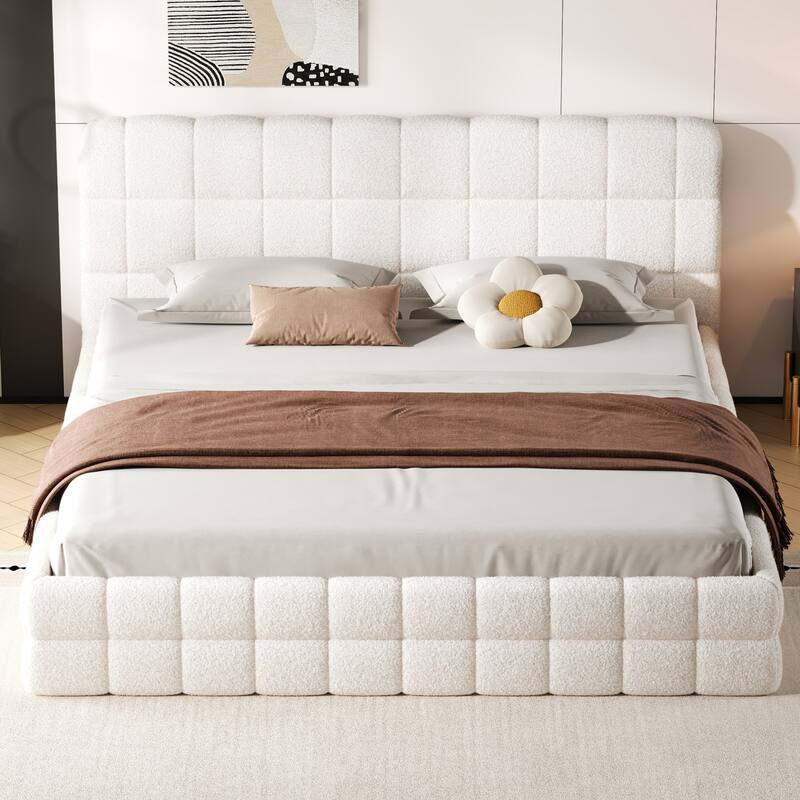 Upholstered Platform Bed with Headboard, No Box Spring Needed Low Profile Bed, Wood Slat Support Grounding Bed