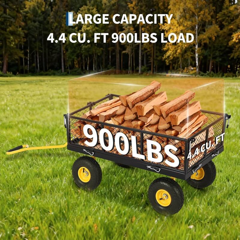 900-lb Capacity Steel Garden Cart Removable Mesh Sides Convert to Flatbed and 180Degree Rotating Handle Black