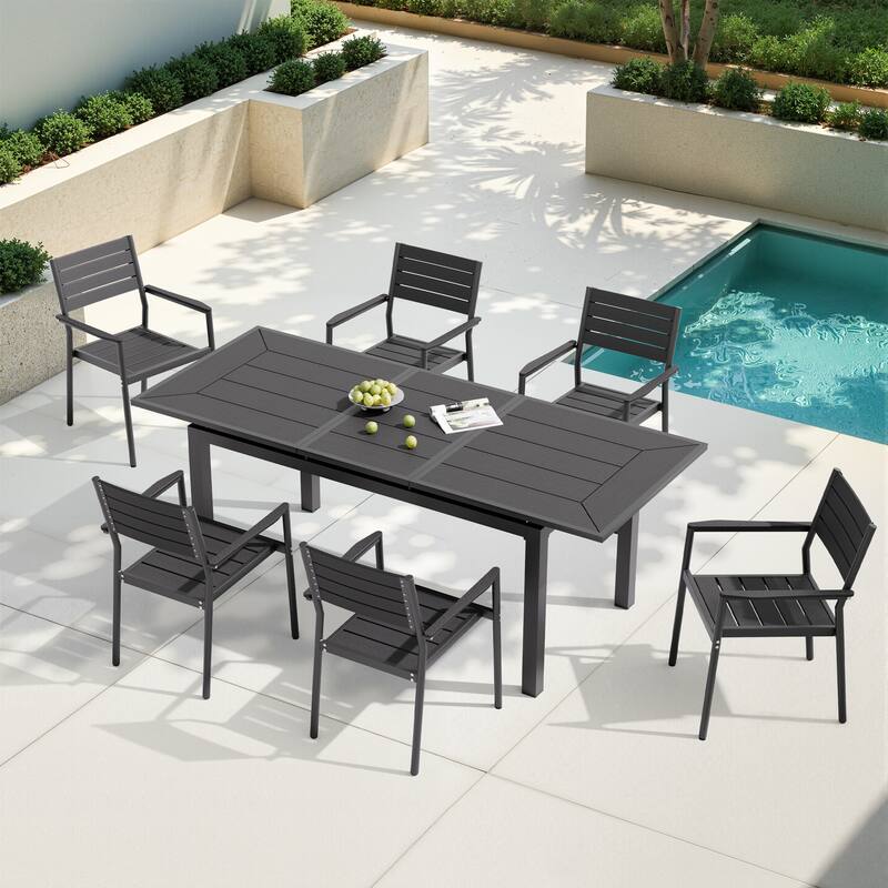7PC Pellebant Outdoor Patio Aluminum Expandable Dining Table WPC Top with Stackable Armchairs - Black-Table&Black-Chairs