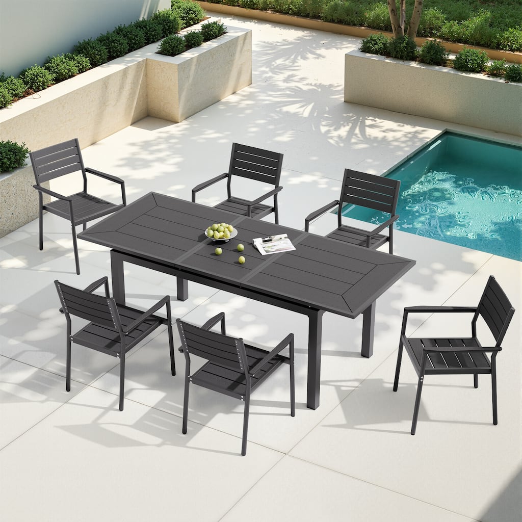 7PC Pellebant Outdoor Patio Aluminum Expandable Dining Table WPC Top with Stackable Armchairs
