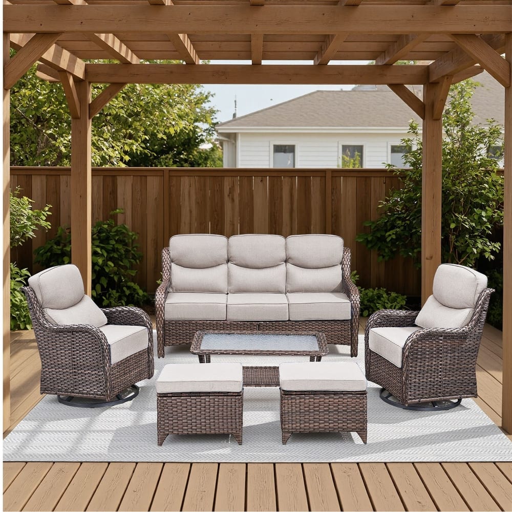 Meyreso 6-Piece Wicker Patio Conversation Set with Swivel Gliders and 6-Inch Thick Olefin Cushions