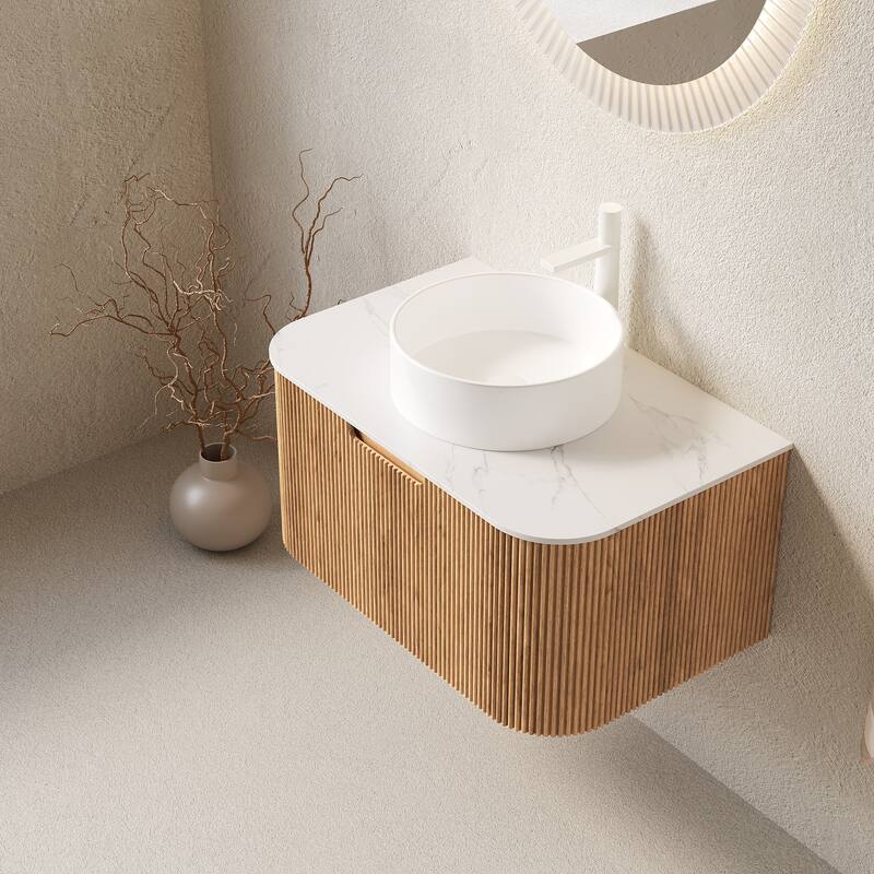 GDFStudio - Dina Modern 30" Floating Bathroom Vanity with Striped Curved Drawer & White Round Ceramic Basin, WITHOUT Faucet