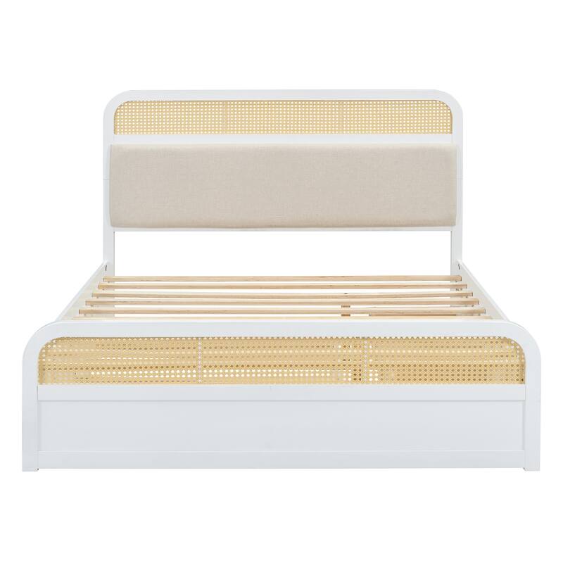 Rattan Platform Bed Queen Wooden Bed Frame with Twin Trundle and 2 Drawers, Headboard with Padded Cushion Mattress Not Included