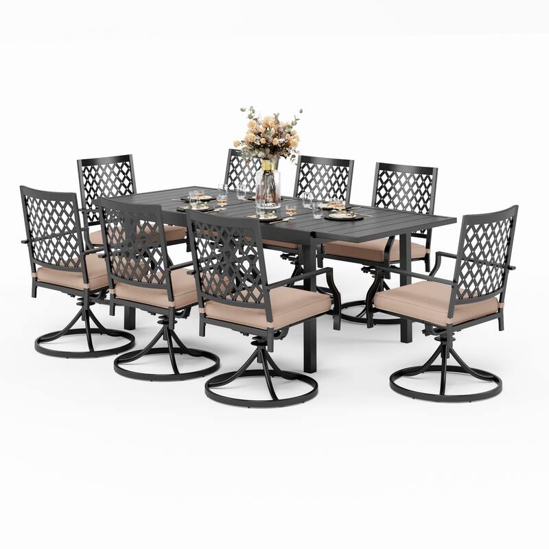 MAISON ARTS Seats up to 6/8 Outdoor Patio Dining Set, 6/8 Metal Mesh Swivel Chairs, 1 Rectangular Expandable Table