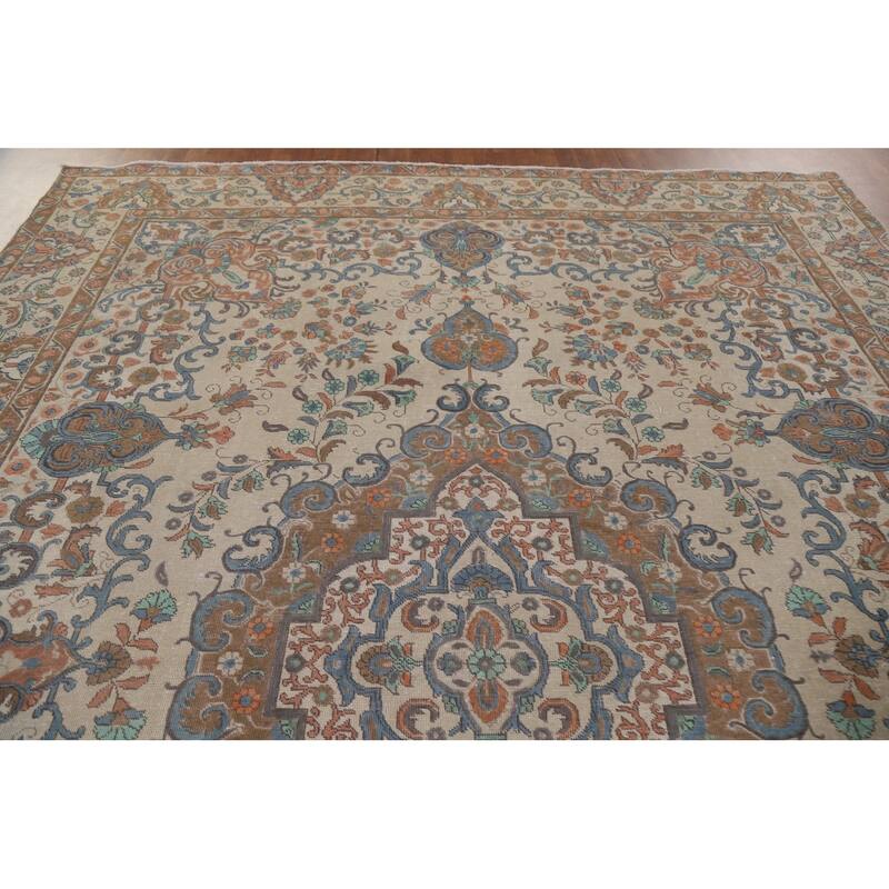 Hand Knotted Oriental 100% Wool Carpet Traditional Floral Beige & Ivories Tabriz Area Rug - 12' 9'' X 9' 9''