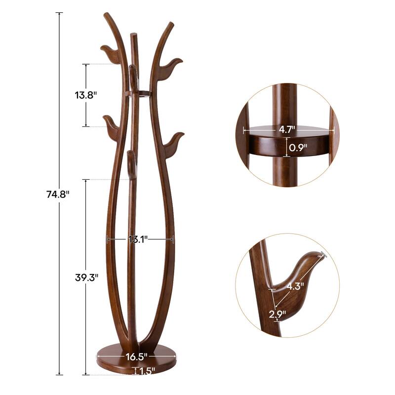 S-shaped Creative Freestanding Coat Rack Solid Wood Coat Tree with Hooks - 74.8"H x 16.5"Dia (base)