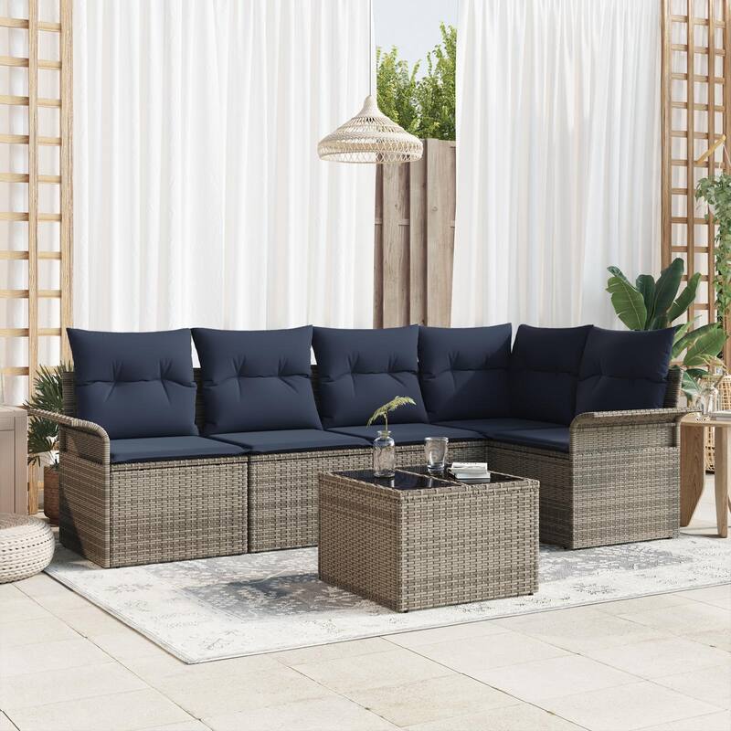 vidaXL 5/6 Garden Sofa Set with Cushions Black/Brown/Grey Poly Rattan - 95.9 x 52.2 x 27.2 - Grey with table