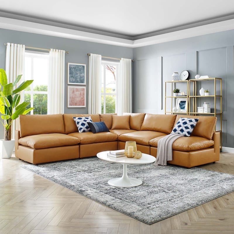 Commix Down Filled Overstuffed Vegan Leather 5-Piece Sectional Sofa - Tan