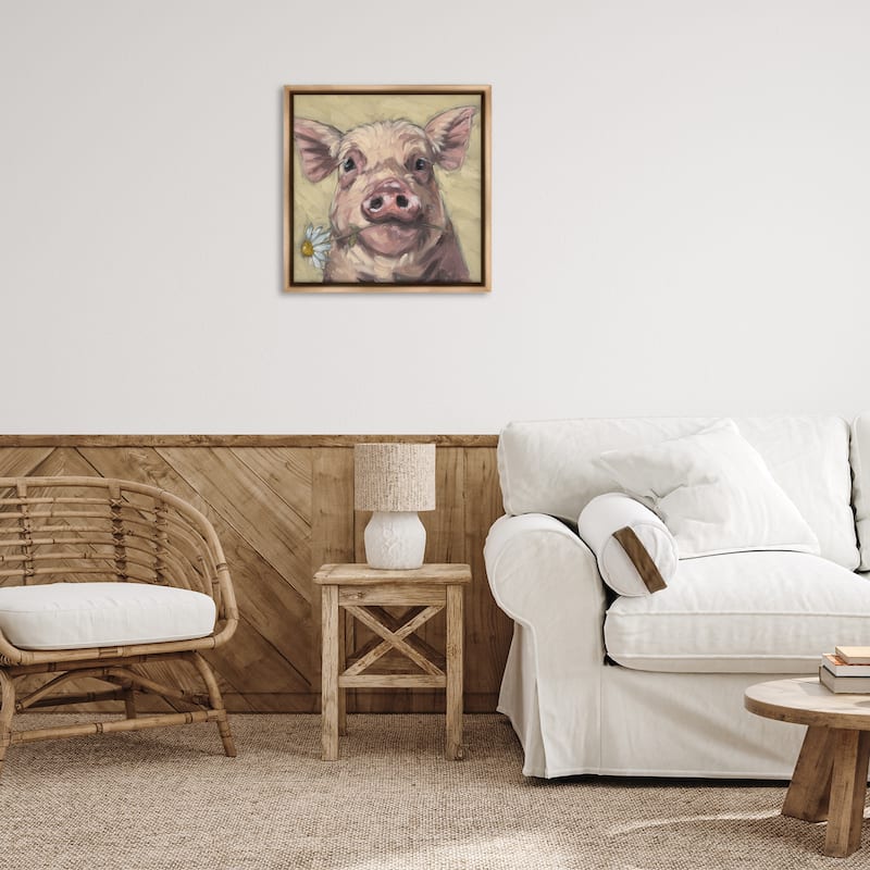 Stupell Pig Holding Daisy Sprig Framed Floater Canvas Wall Art Design By Sara G. Designs