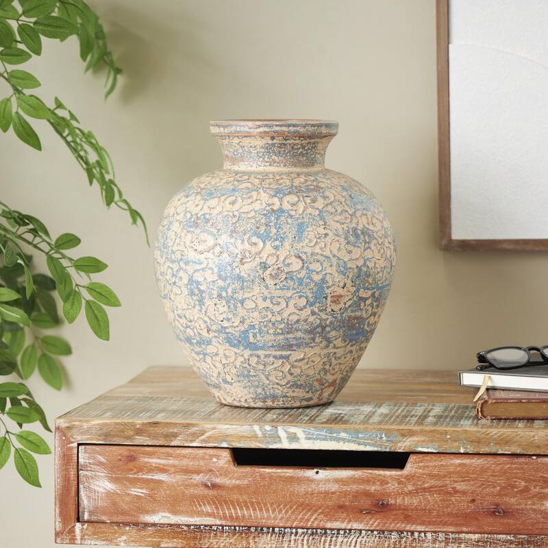 Ceramic Scroll Handmade Antique Style Wide Rounded Decorative Vase with Blue and Copper Accents - Beige - Roche River Decor