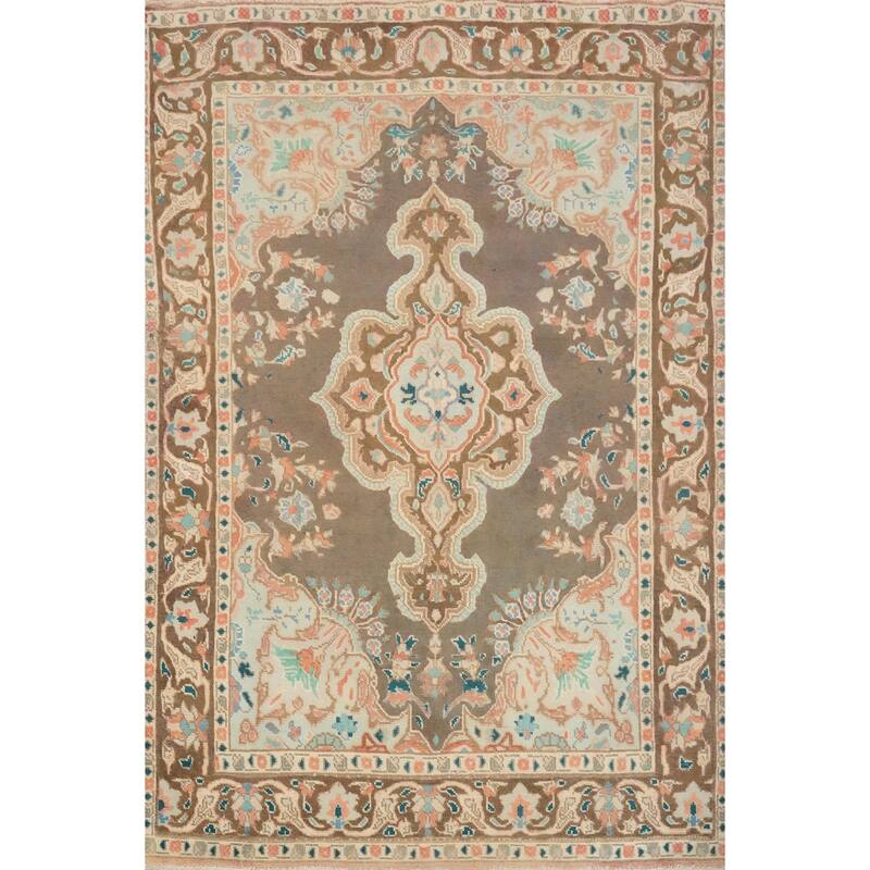 Hand Knotted Oriental 100% Wool Carpet Traditional Floral Brown Tabriz Area Rug - 6' 2'' X 4' 5''