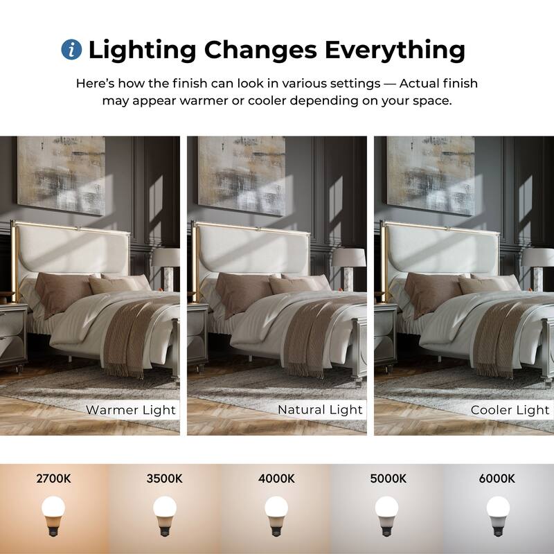 Furniture of America Angrove Modern 5-Piece Silver Queen Panel Bedroom Set with LED Lighting and Padded Headboard