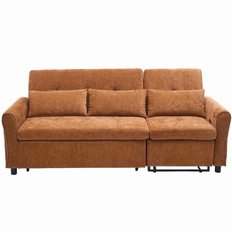 82" 2-in-1 Orange Chenille Three-seater Sofa with Sofa Bed, Reversible Recliner & USB Ports