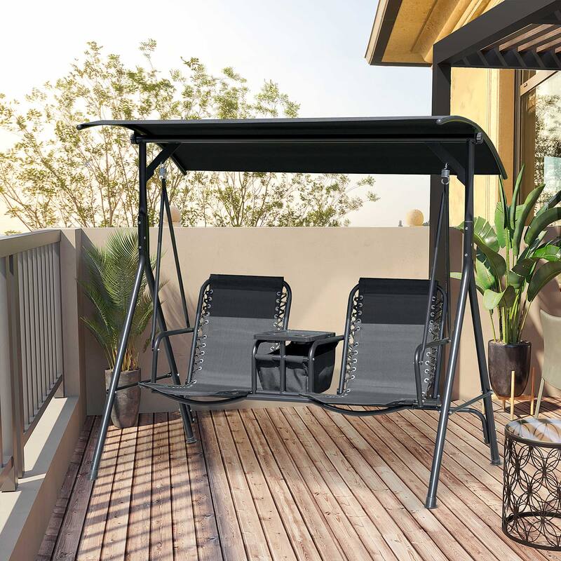 2-Seat Patio Swing Chair, Outdoor Canopy Swing Glider with Pivot Storage Table, Cup Holder, Adjustable Shade, Steel Frame
