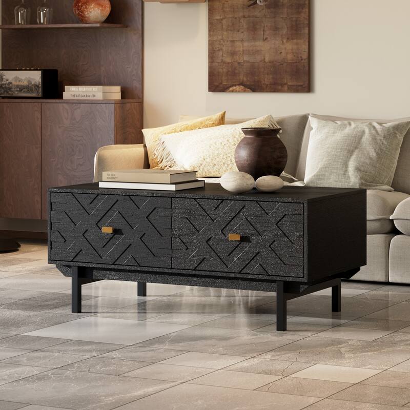 Black Embossed Storage Coffee Table w/Gold Handles Modern Living Room Centerpiece Sofa Table