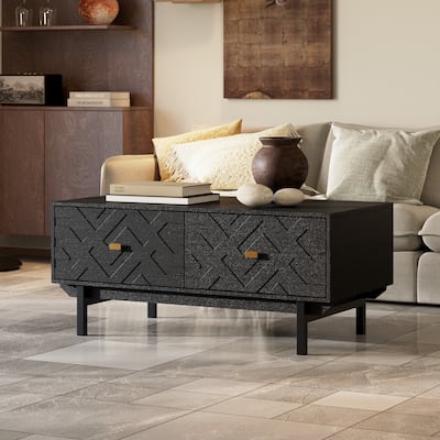 Black Embossed Storage Coffee Table w/Gold Handles Modern Living Room Centerpiece Sofa Table