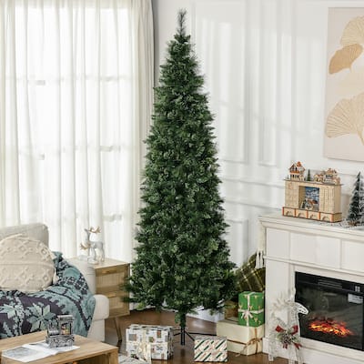 HOMCOM 7.5ft Tall Pencil Artificial Christmas Tree Holiday Décor with 1075 Branches, Auto Open, Steel Base, Pine Needles, Green