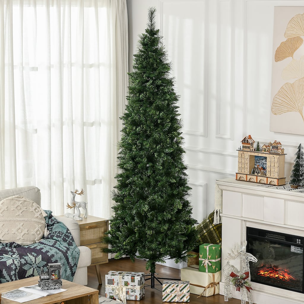 HOMCOM 7.5ft Tall Pencil Artificial Christmas Tree Holiday Décor with 1075 Branches, Auto Open, Steel Base, Pine Needles, Green