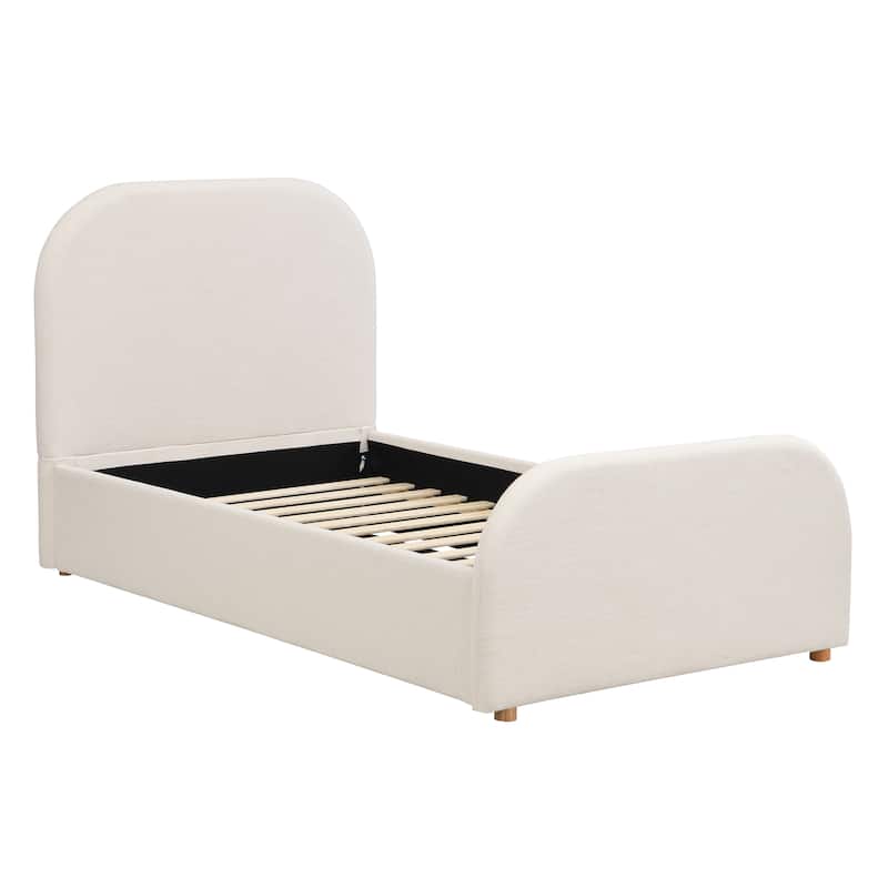 Beige Linen Upholstered Bed Curved Headboard Wingback Frame Low Profile Platform Bed