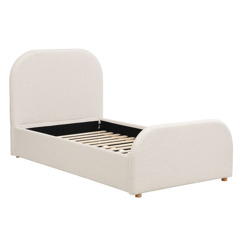 Twin Size Bed Frame with Linen Upholstered Headboard, Solid Wood Legs, Beige
