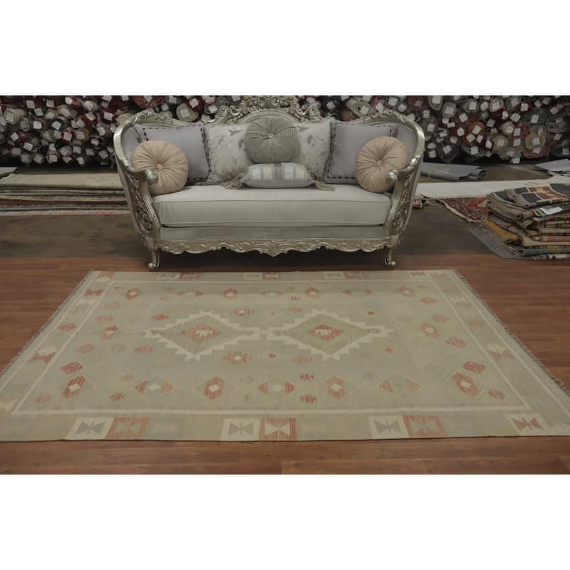 Hand Woven Oriental 100% Wool Carpet Southwestern Tribal Green Kilim Area Rug - 8' 0'' X 5' 8''