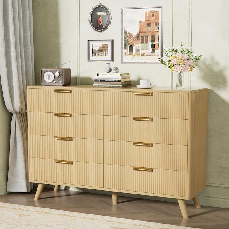 Gymojoy 8 Drawer Fluted Dresser for Bedroom, Modern Wave Pattern Wood Chest with Gold Handles, Boho Storage Dresser