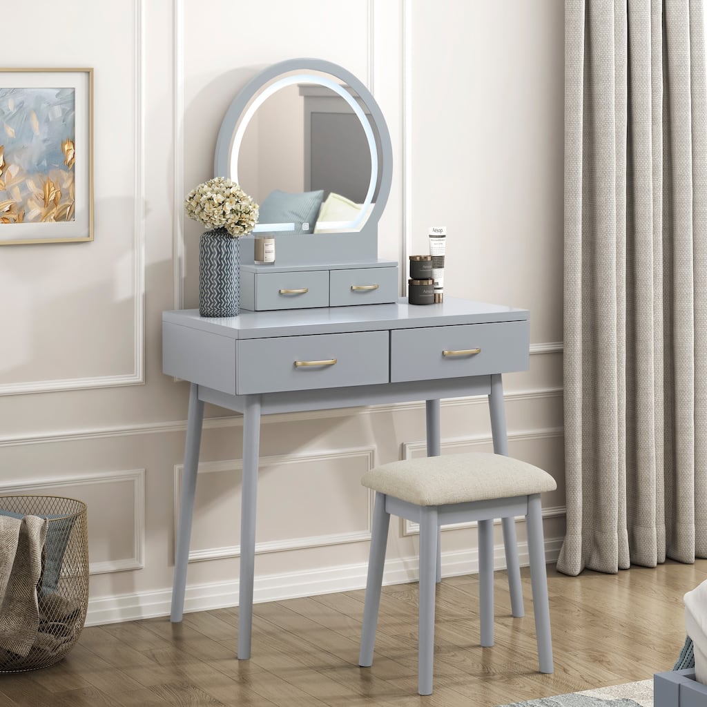 Beautiful Gray Finish Vanity Dresser with Mirror and Stool