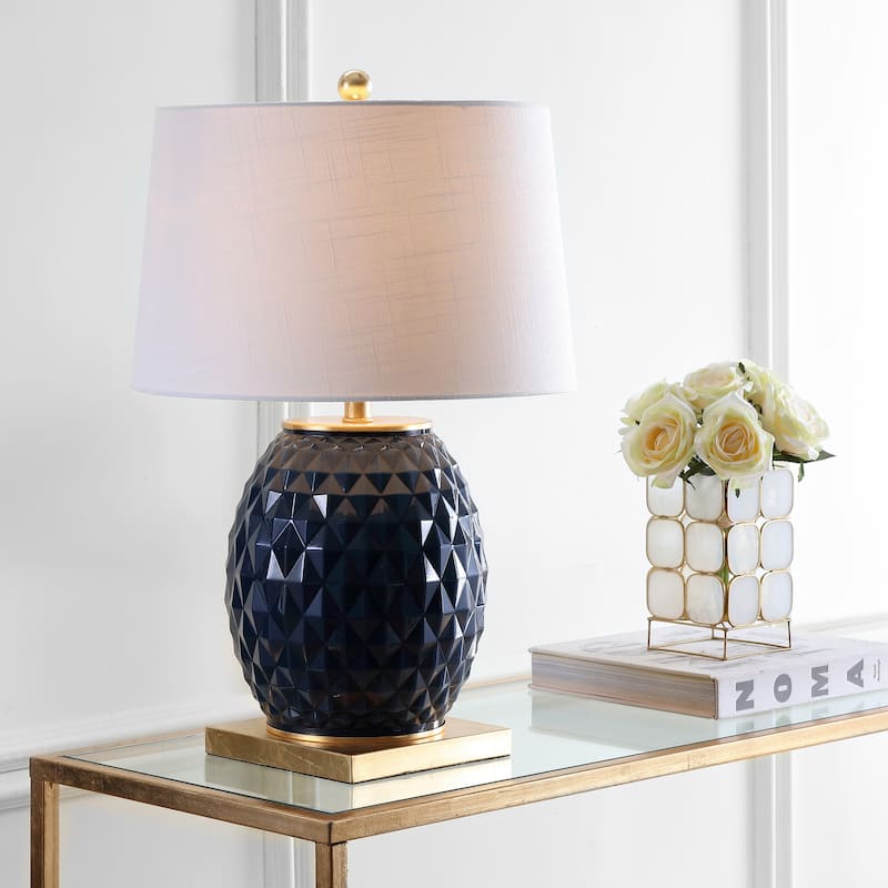 Ronald 25.5" LED Glass/Metal Table Lamp, White/Gold Leaf by JONATHAN Y - Navy/Gold