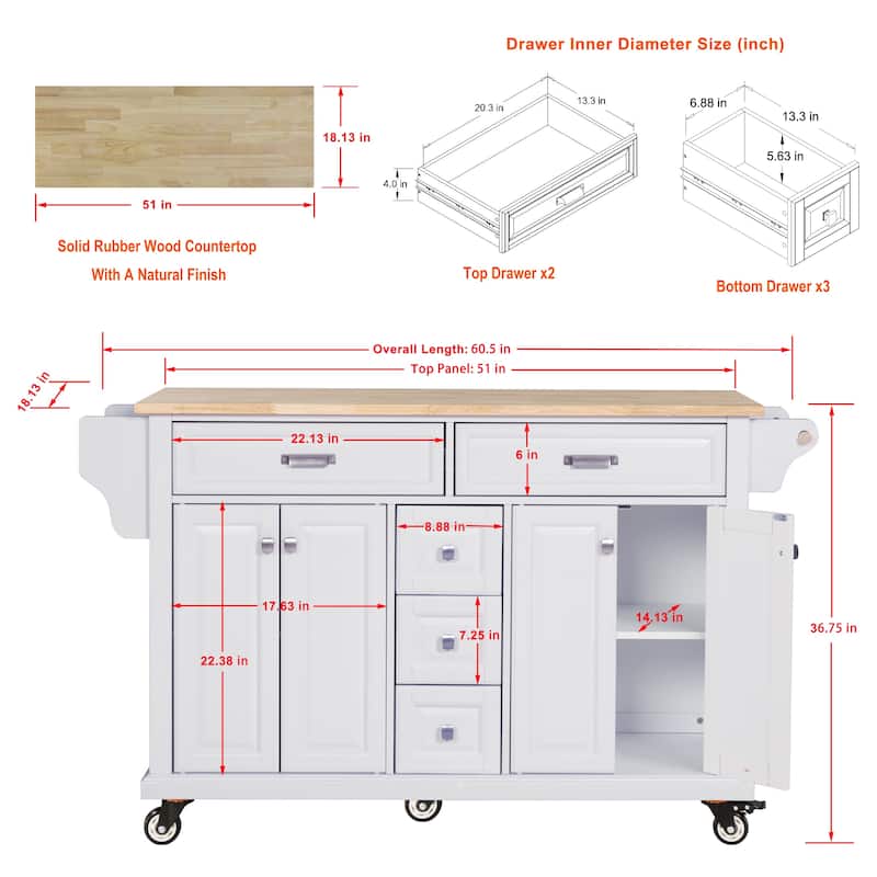 Kitchen Cabinet with Adjustable Shelves, Kitchen Island with Drawers, Kitchen Storage Cart with Built-in Spice Rack
