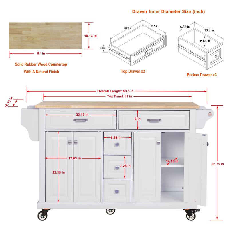 Kitchen Island with Rubber wood Countertop, Kitchen Cart on 5 Wheels with Storage Cabinet and 5 Drawers for Dinning Room
