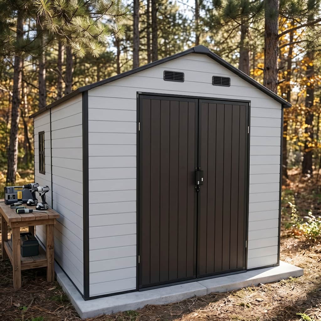 8x8 FT Resin Outdoor Storage Shed with Floor, Aluminum Frame, Windows, Garden Tool Shed