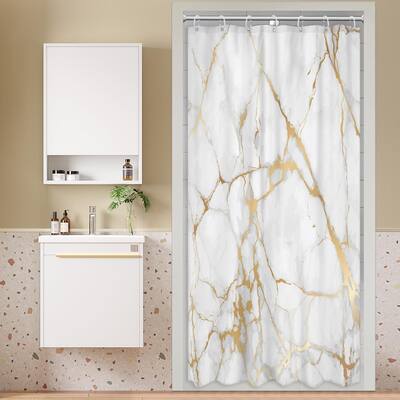 Abstract Marble Rv Shower Curtain 36Wx72H Inches Gold White Modern