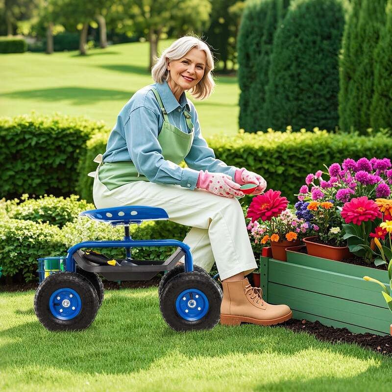 Gymax Cart Wagon Rolling Work Seat w/ Tool Tray Basket Planting Patio
