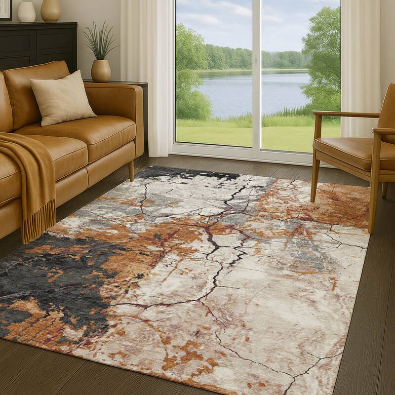 Machine Washable Indoor/ Outdoor Modern Crackle Chantille Rug