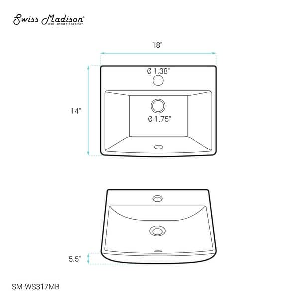 Sublime 18" Ceramic Wall Hung Sink In Matte Black - 14.0" x 18.0" x 5.5"